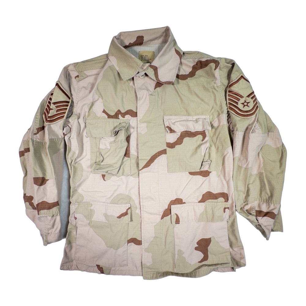US Air Force Desert Camo Combat Utility Shirt Jacket Airman Rank Patch L Mens